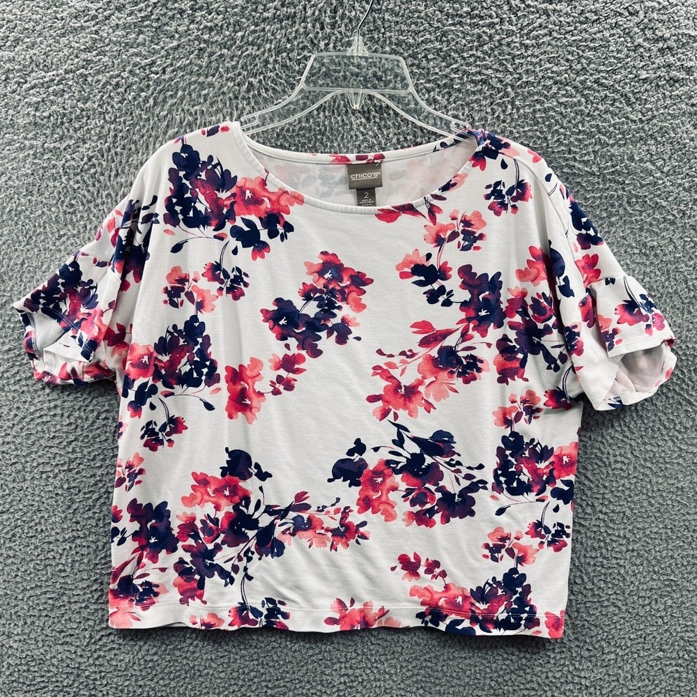 Chicos Womens Floral Knit Top L Stretch Casual Relaxed Everyday Comfort Resort